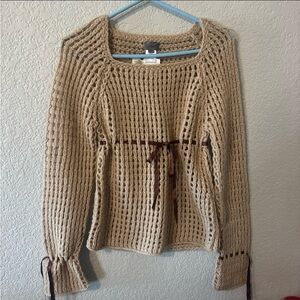 Saks Fifth Avenue Tan Knit Sweater with Ribbon Detail